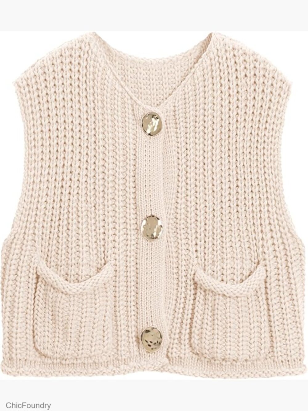 Crochet Chunky Knit Sleeveless Button Down Crop Top Sweater Vest with Pockets